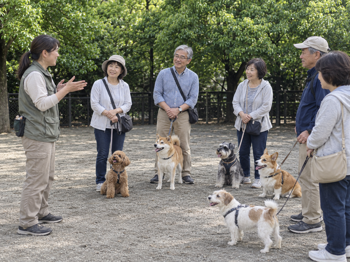 グレーの土のドッグランでスタッフと会員さんと小型・中型犬が穏やかに集まる様子