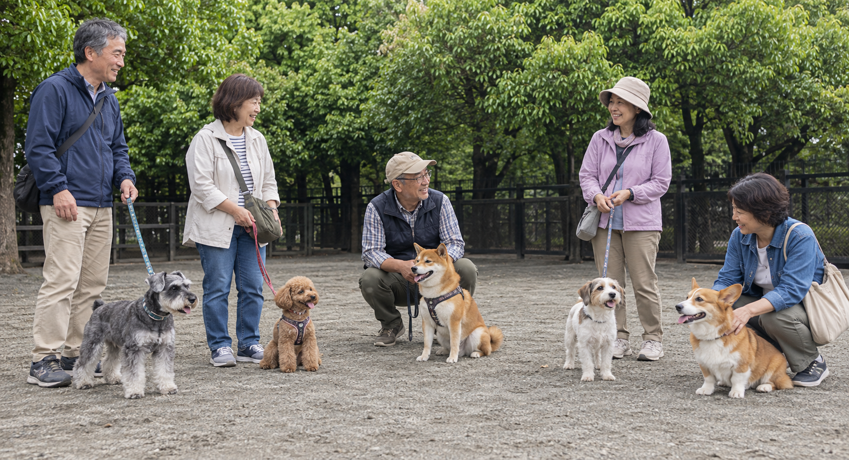 グレーの土のドッグランで穏やかに集まる会員さんと小型・中型犬